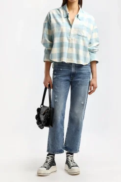 Femme Denimist Blouse Button Front En Bleu/Ecru