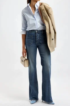 Femme Tory Burch Blouse En Crisp Blue/Blanc