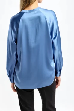 Femme Vince Blouse En Soie Band Collar In Pool