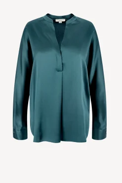 Femme Vince Blouse En Soie Band Collar In Deep Kelp