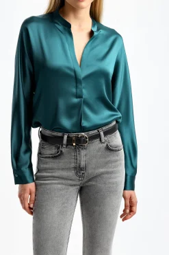 Femme Vince Blouse En Soie Band Collar In Deep Kelp