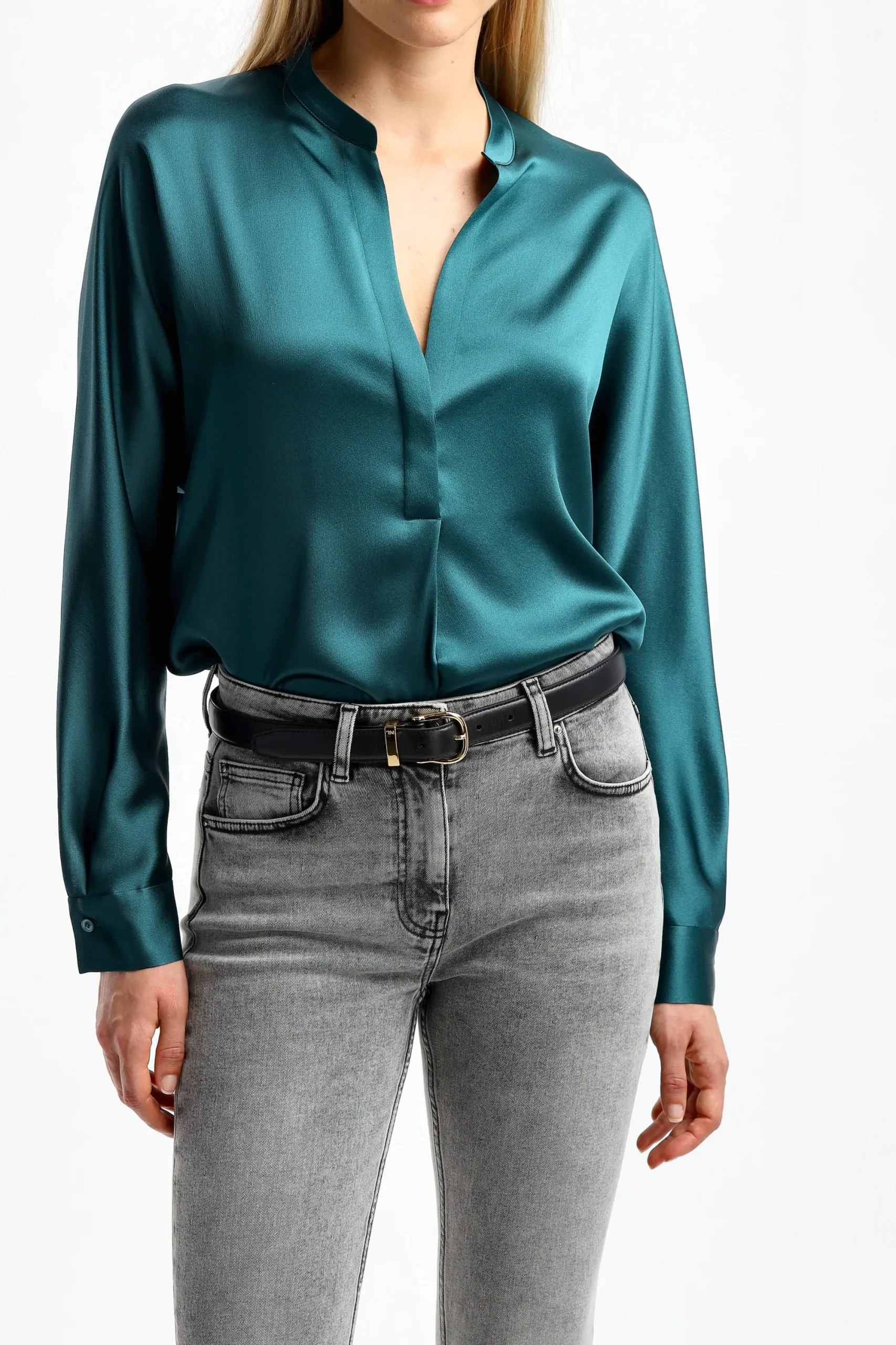 Femme Vince Blouse En Soie Band Collar In Deep Kelp