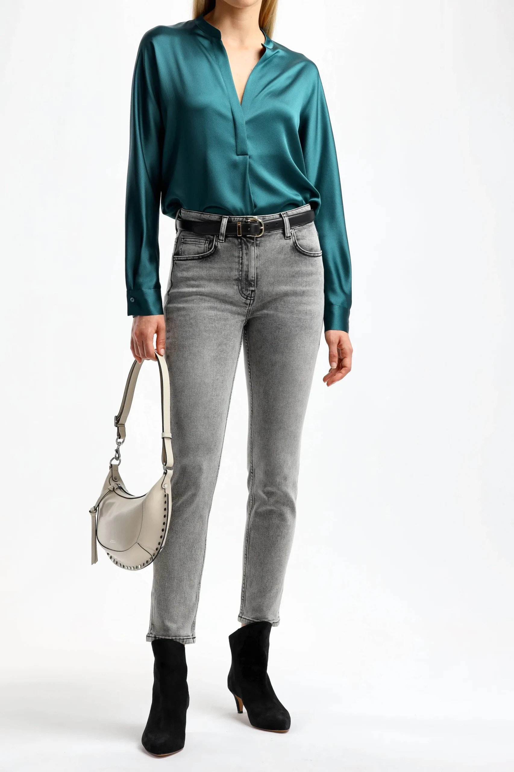 Femme Vince Blouse En Soie Band Collar In Deep Kelp
