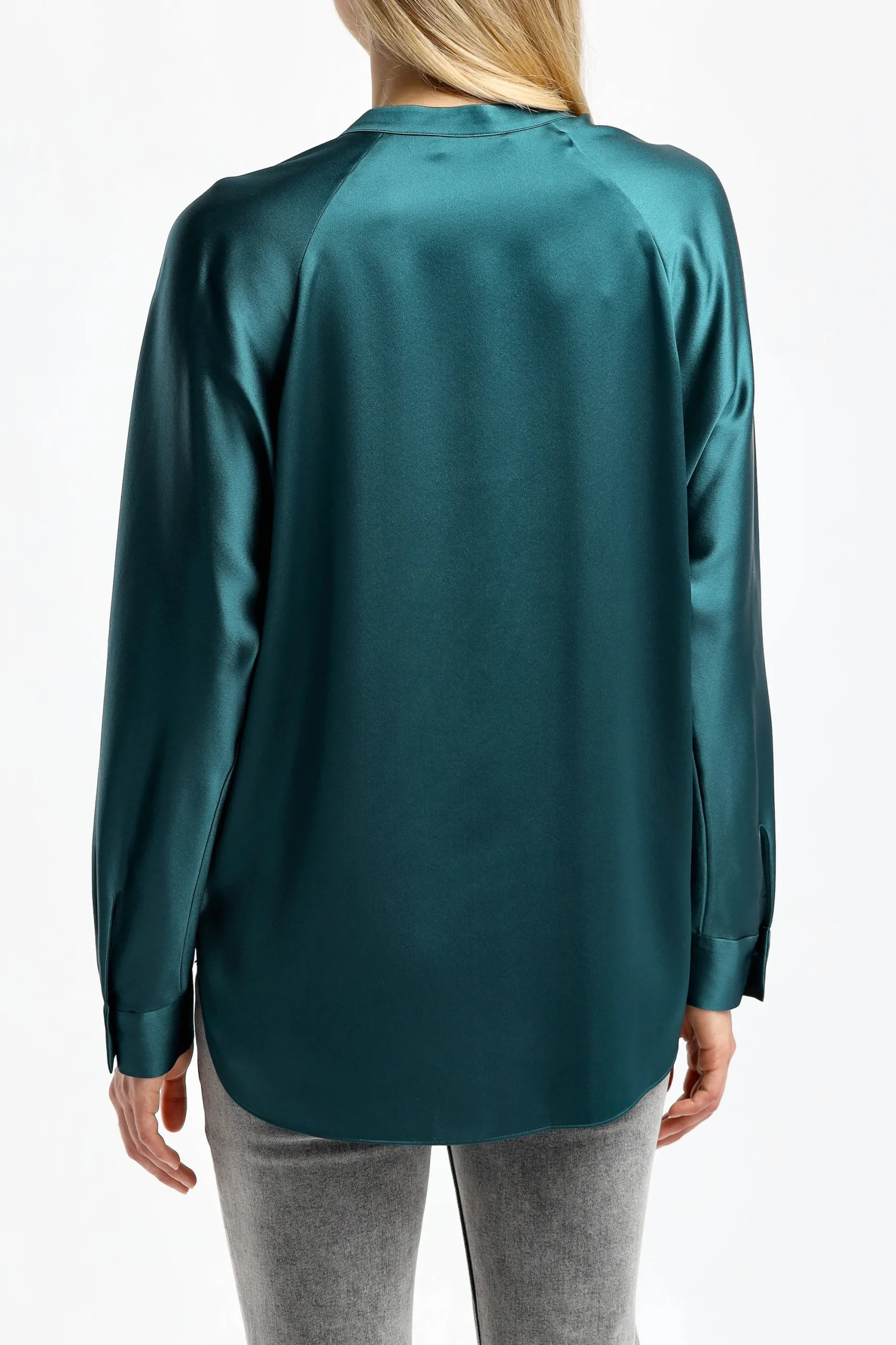 Femme Vince Blouse En Soie Band Collar In Deep Kelp