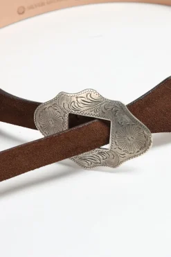 Femme Silver Ostrich Ceinture New Mexico Suede En Marron