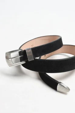 Femme Silver Ostrich Ceinture Rodeo Suede En Noir