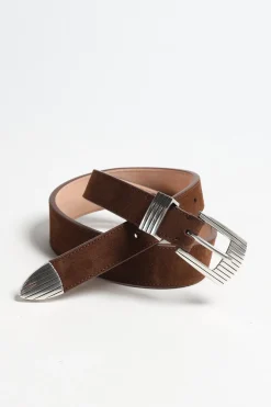 Femme Silver Ostrich Ceinture Rodeo Suede In Brown