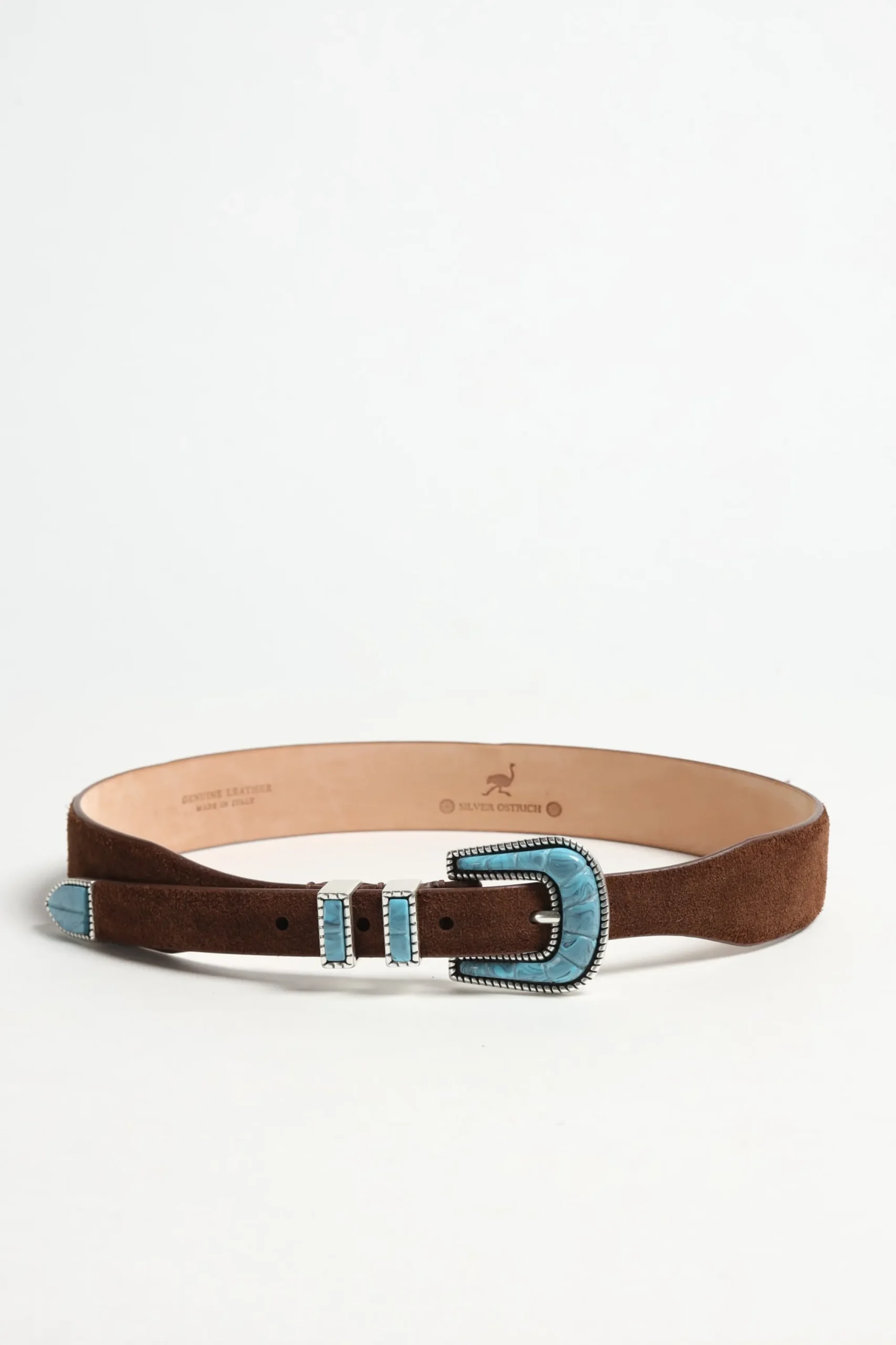 Femme Silver Ostrich Ceinture Turquoise Suede En Marron