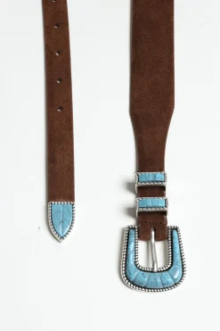Femme Silver Ostrich Ceinture Turquoise Suede En Marron