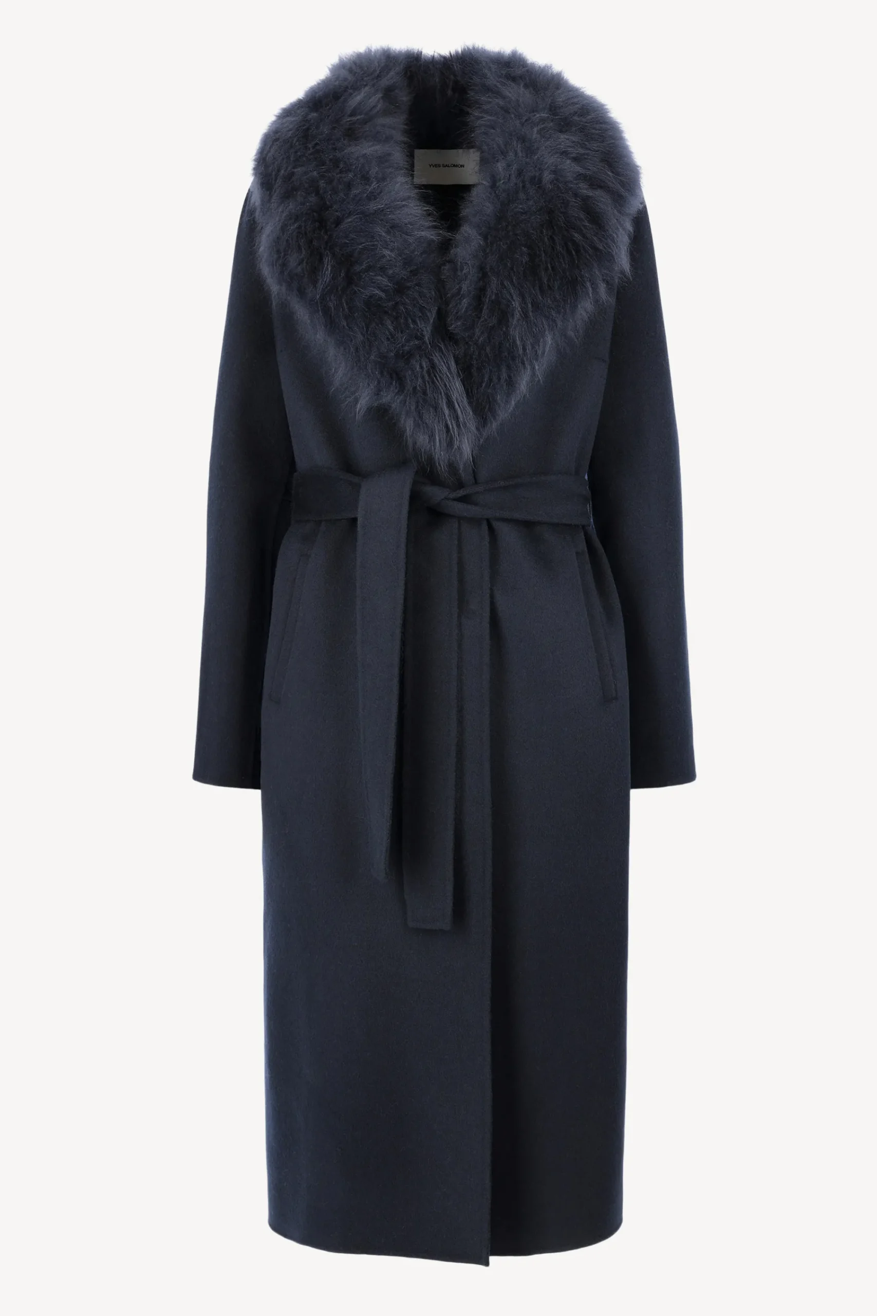 Femme Yves Salomon Manteau Avec Col En Fourrure Bleu Marine