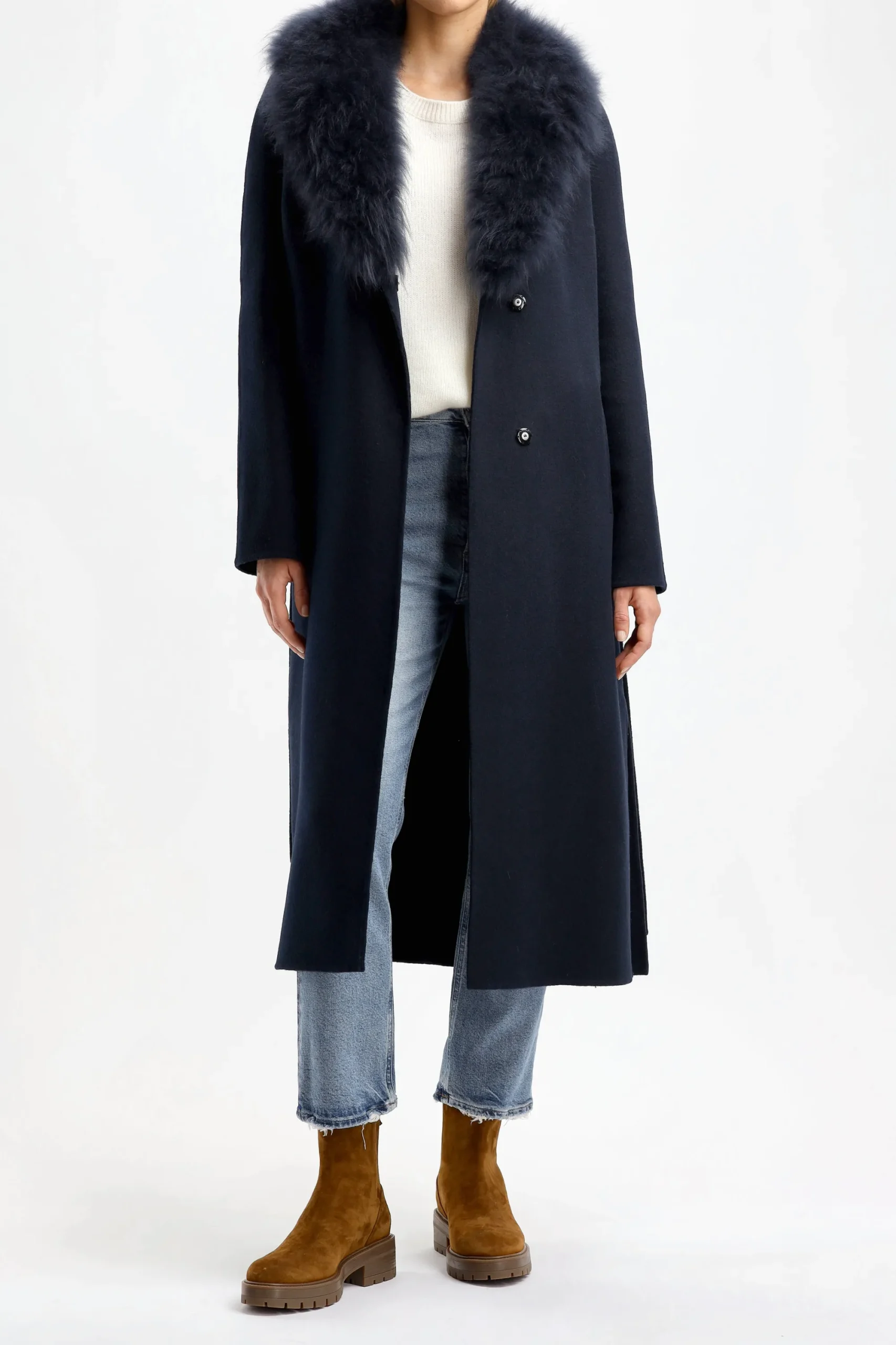 Femme Yves Salomon Manteau Avec Col En Fourrure Bleu Marine