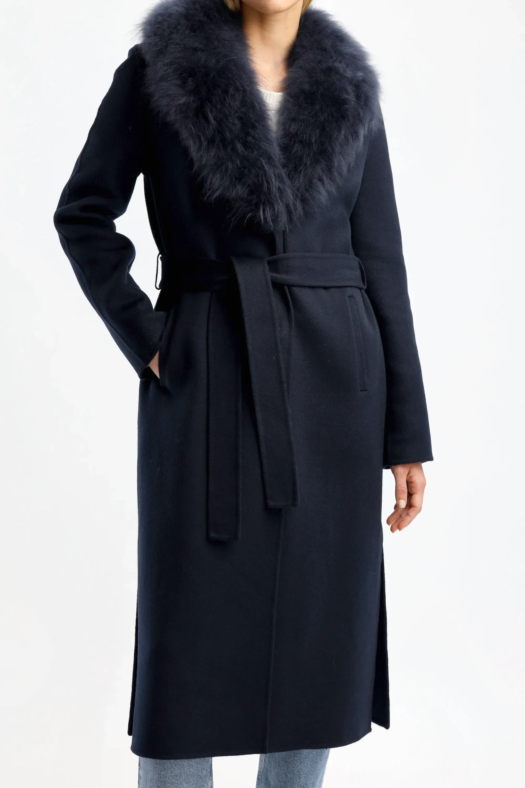 Femme Yves Salomon Manteau Avec Col En Fourrure Bleu Marine