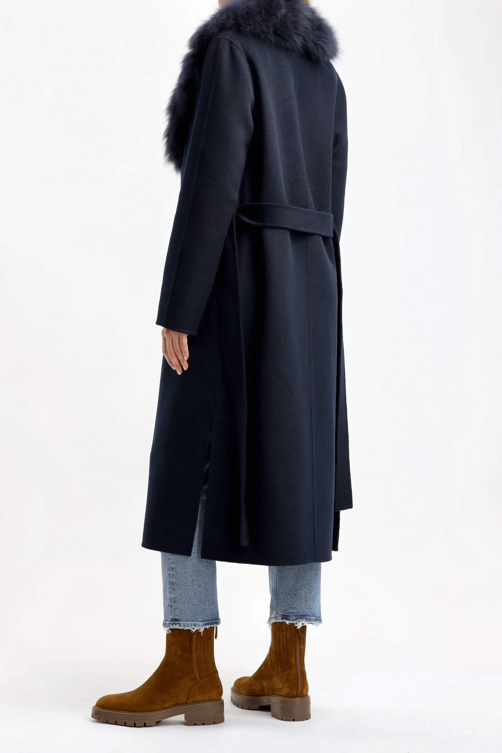 Femme Yves Salomon Manteau Avec Col En Fourrure Bleu Marine