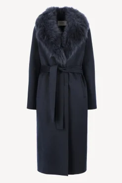 Femme Yves Salomon Manteau Avec Col En Fourrure Bleu Marine