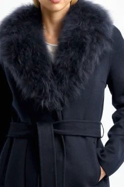 Femme Yves Salomon Manteau Avec Col En Fourrure Bleu Marine