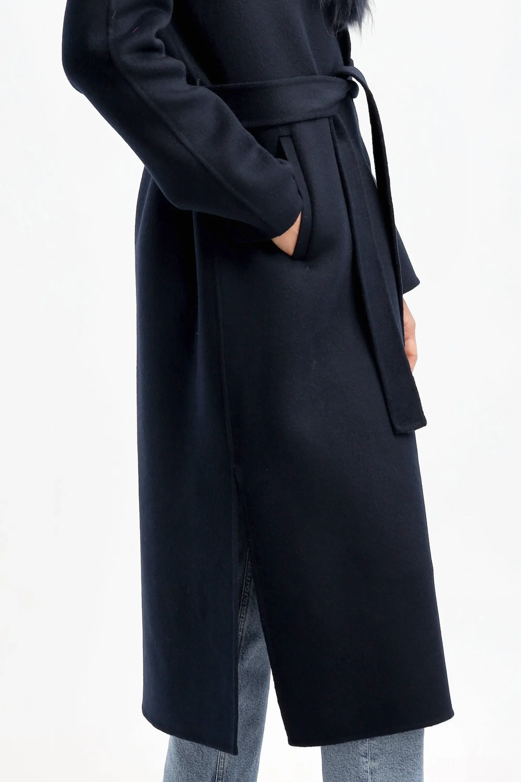 Femme Yves Salomon Manteau Avec Col En Fourrure Bleu Marine