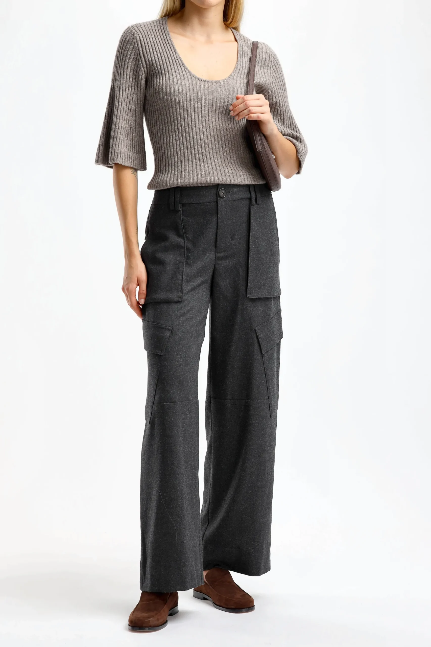 Femme Vince Pantalon Flannel Wide In Charcoal