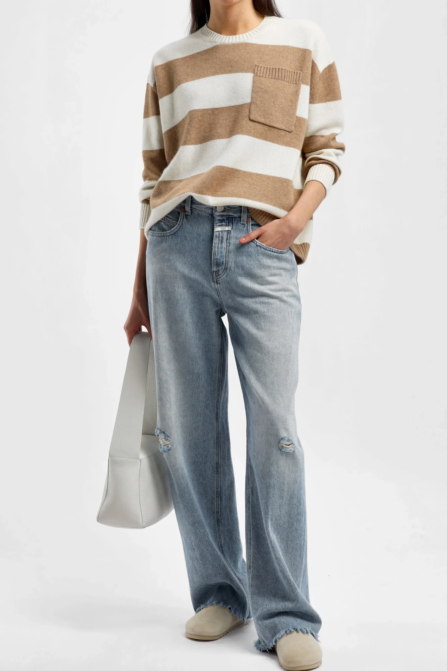 Femme Ladneri Pull-Over Stripes En Taupe/Blanc