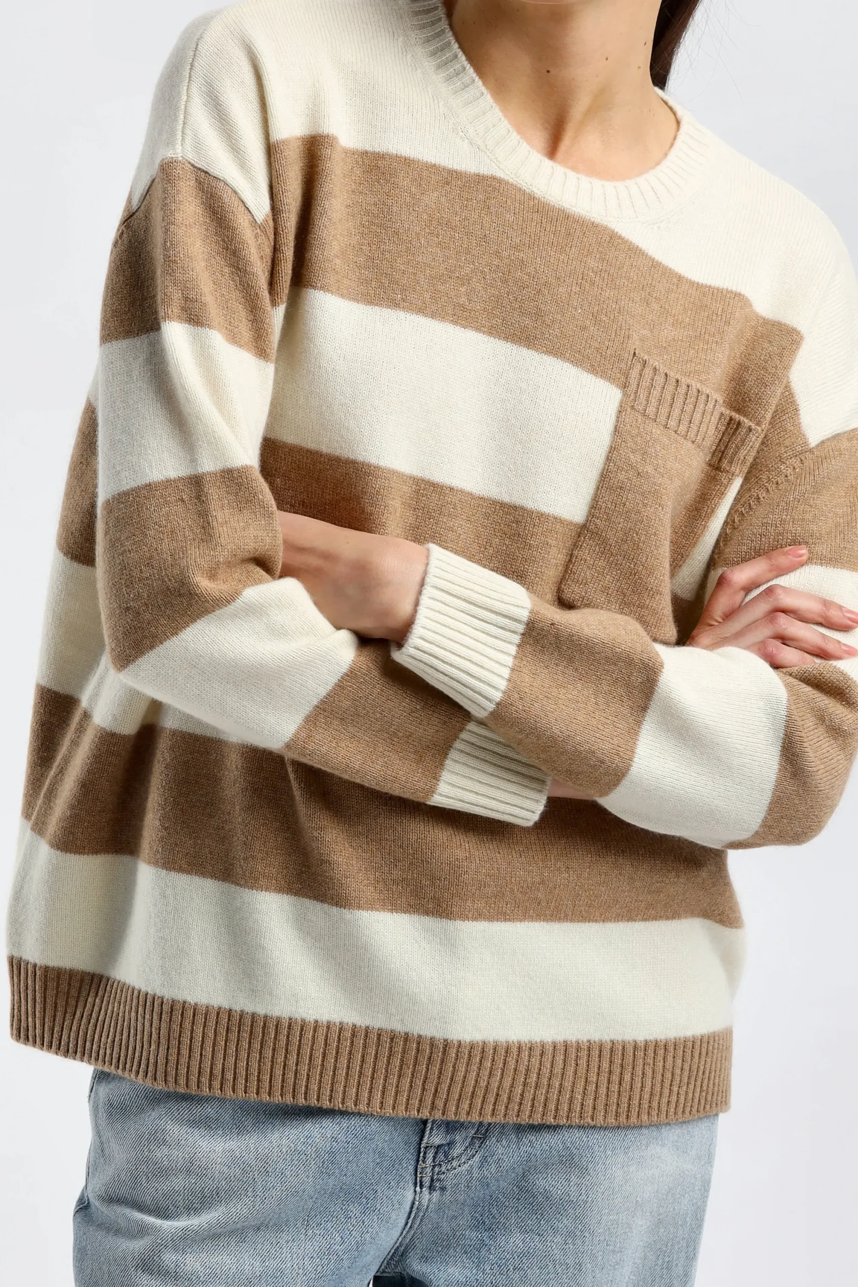 Femme Ladneri Pull-Over Stripes En Taupe/Blanc