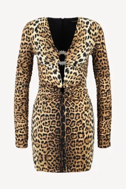 Femme Roberto Cavalli Robe Deep V Giaguar In Naturale