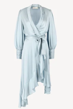 Femme Zimmermann Robe En Soie Wrap Midi In Dusty Blue