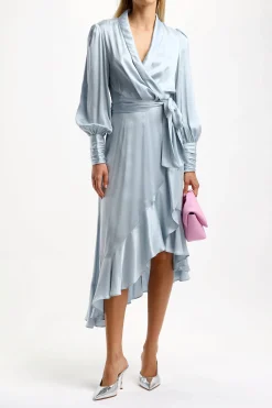 Femme Zimmermann Robe En Soie Wrap Midi In Dusty Blue