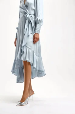 Femme Zimmermann Robe En Soie Wrap Midi In Dusty Blue