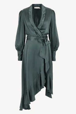 Femme Zimmermann Robe En Soie Wrap Midi Vert Fonce
