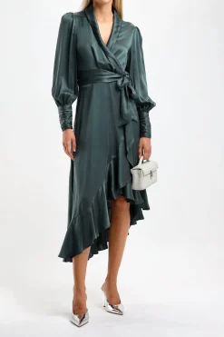 Femme Zimmermann Robe En Soie Wrap Midi Vert Fonce