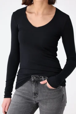 Femme Anthony Thomas Melillo T-Shirt Long V Modal Rib En Noir
