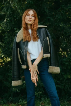 Femme Halfboy Veste En Cuir Short Aviator En Noir