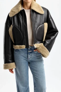 Femme Halfboy Veste En Cuir Short Aviator En Noir